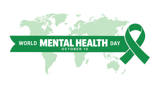 World mental health day banner with green awareness ribbon and world map isolated on white background, world mental health day 2026, mental health day 2026, mental health day