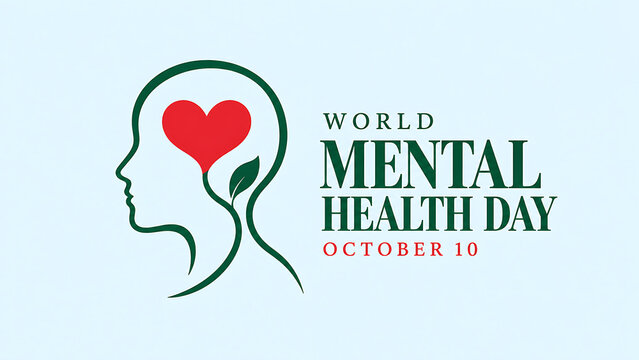 World mental health day concept with a human head silhouette, a red heart, and a green leaf on a light blue background, world mental health day 2026, mental health day 2026, mental health day