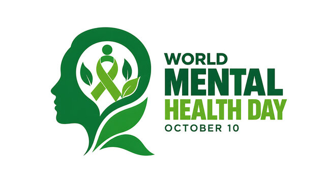 World mental health day logo with human head profile and green ribbon isolated on white background, world mental health day 2026, mental health day 2026, mental health day