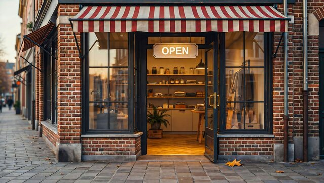 Charming brick storefront with striped awning and open sign