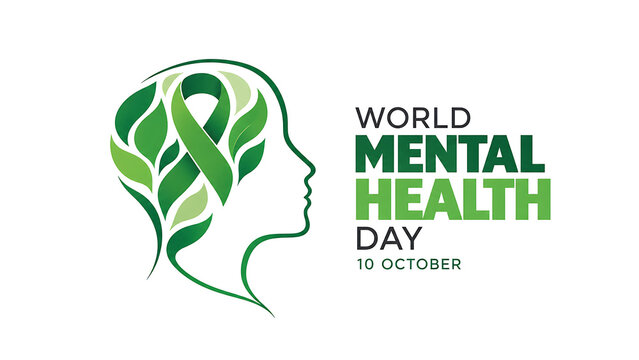 World mental health day concept with a human head silhouette made of green leaves and a ribbon isolated on white background, world mental health day 2026, mental health day 2026, mental health day
