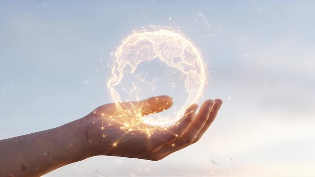 Human hand holding a glowing digital wireframe globe representing global connectivity and technology