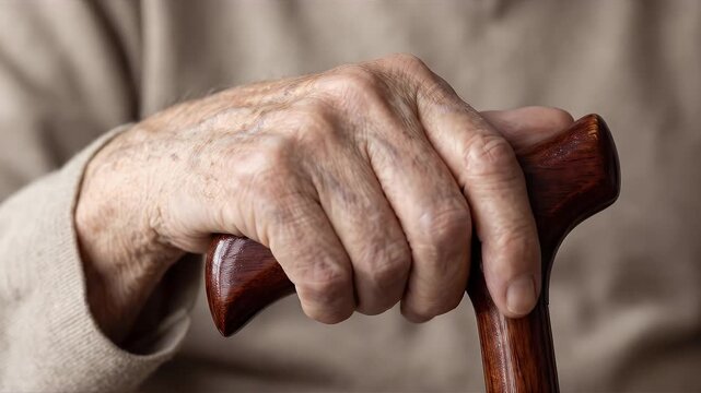 Closeup of an elderly persons hand resting on a wooden walking cane, symbolizing support, aging, and stability