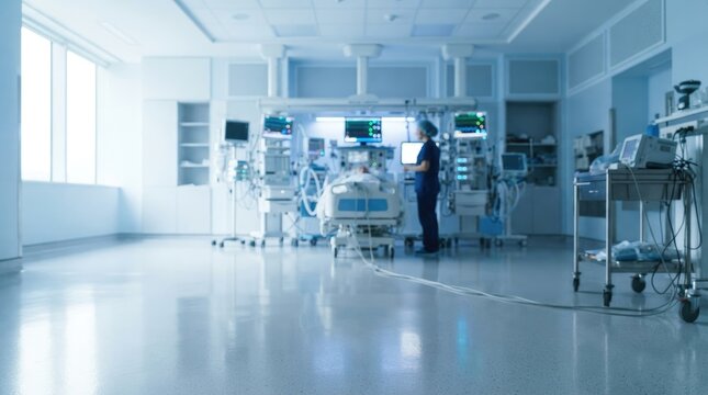 Modern hospital intensive care unit with medical equipment and a healthcare professional attending to a patient in a sterile environment world diabetes day