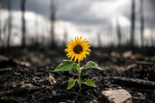 Bright yellow sunflower blooming amidst the dark ashes of a burnt forest landscape