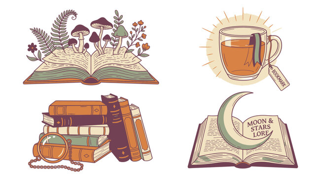 Magical books, tea and moon lore vector illustration