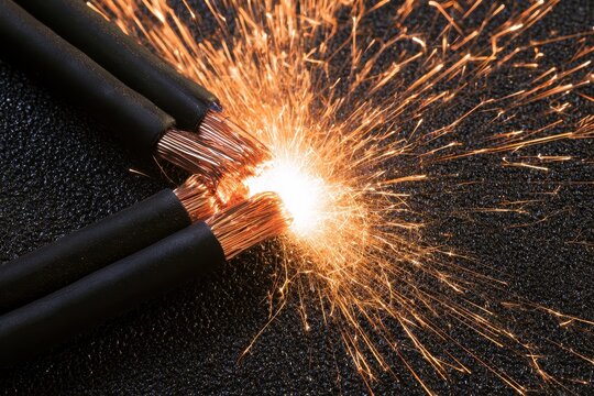 Electrical wires sparking with bright orange flashes and glowing copper wiring inside