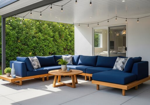 Modern outdoor living space features a large navy blue sectional sofa, round wooden coffee table, and hanging lights under a covered roof, blue, hardwood, patio