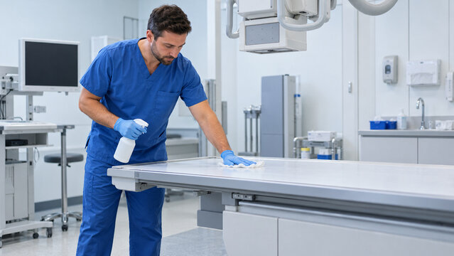 Radiologieassistent reinigt Untersuchungstisch zwischen Terminen