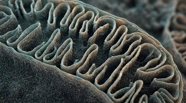 Mitochondrial cristae visualization highlighting inner membrane architecture for cell biology education, biomedical research, biotechnology presentations, and medical communication.