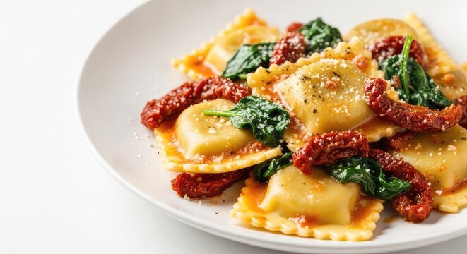 Tender ravioli pillows coated in a rich sun-dried tomato and spinach cream sauce, served elegantly on a clean white ceramic dinner plate, herbs, cooking, meal