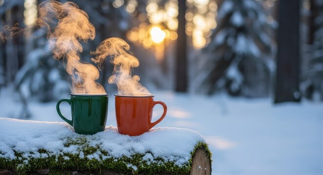 Two ceramic mugs of hot tea emit steam while resting on a green mossy log amidst a peaceful snow covered winter forest at dusk, scenic, peaceful, break