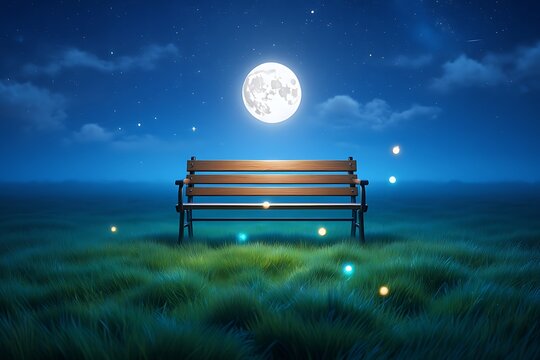 Empty wooden bench under a full moon at night