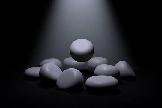 Gray spheres stacked in dim lighting