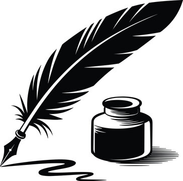 Vintage Feather Quill Pen and Ink Bottle Black Silhouette Illustration for Writing, Calligraphy, Literature, Historical Documents, and Classic Typography Designs