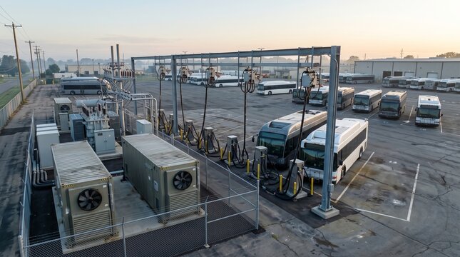 Electric buses charging at sodium ion battery storage depot with modern industrial chargers aerial view