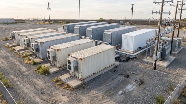 Sodium ion battery storage units outdoor industrial energy facility with utility infrastructure aerial view