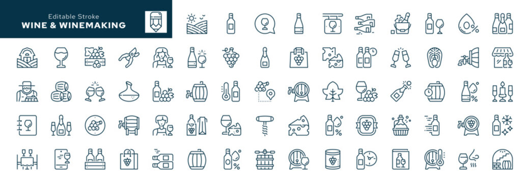 Winemaking and wine outline icons set. Making wine from grapes. Bottled red and white wine, winery and barrel. Line icon in linear style. Vector collection