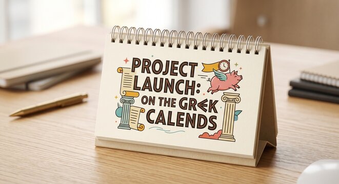 High-end commercial vintage desktop flip calendar with retro graphic art and bold &ldquo;PROJECT LAUNCH: ON THE GREEK CALENDS&rdquo; typography on a clean oak office desk