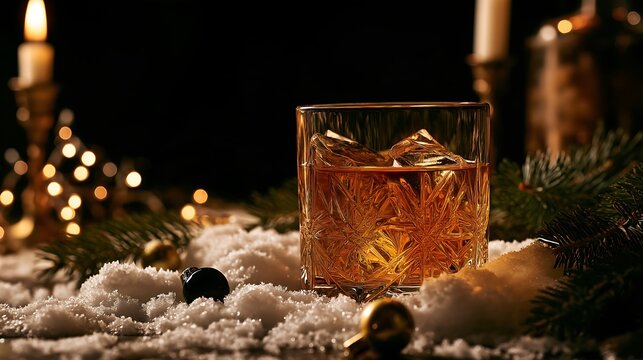 Whiskey glass placed on snow with candles and decorations nearby