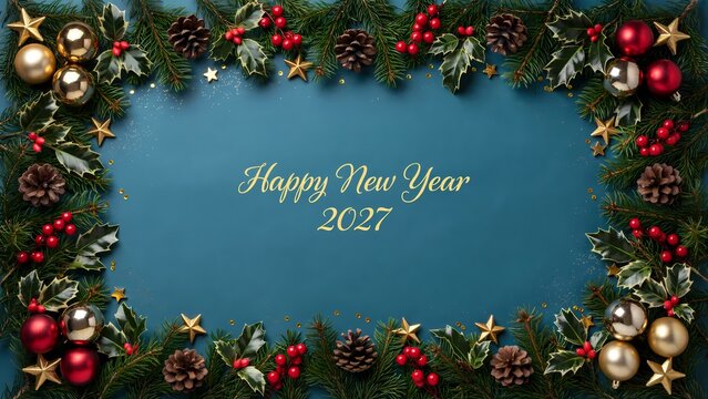 Happy New Year 2027 greeting card featuring a festive holiday border with pine branches and golden text on a dark blue background