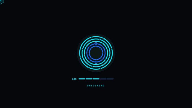 Futuristic sci-fi FUI security interface featuring five mechanical digital protection layers unlocking sequentially to reveal a central access core. Each security layer aligns, releases, rotates and l