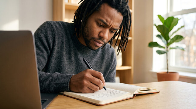 Black male writer creating original content at a minimalist desk, notebook, pen and laptop, creative concentration, Black Consciousness Day