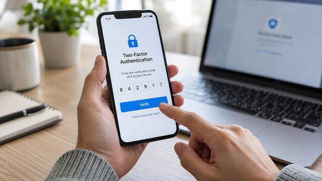 Person activating two factor authentication on a smartphone to protect a digital account with an additional layer of security.