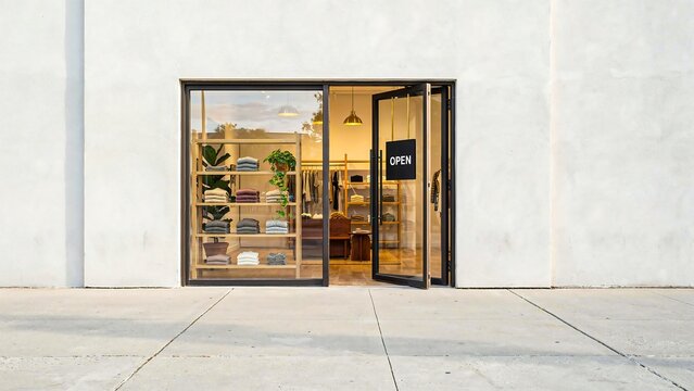 Modern storefront entrance with glass doors open sign and warm retail interior