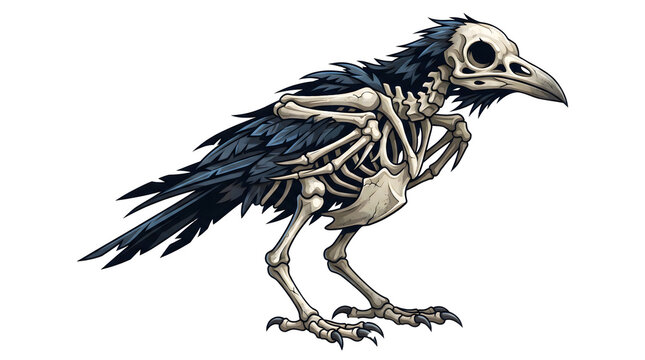 Dark skeletal crow with sparse black feathers, featuring visible bones and empty eye sockets, ideal for halloween, horror, or gothic themed projects.