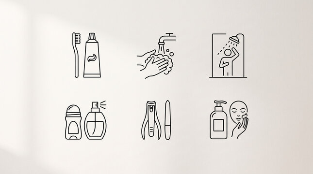 Personal hygiene items and routines presented in clean line art style