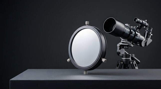 Professional astronomical telescope with solar filter, high-end optical equipment for stargazing, precision astronomy tools on dark studio background