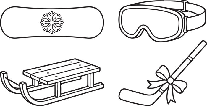 Simple line art winter snow sports equipment board coloring template