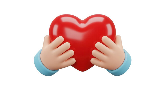 Red heart held gently in cartoon hands with soft blue sleeves during a tender moment of care and affection