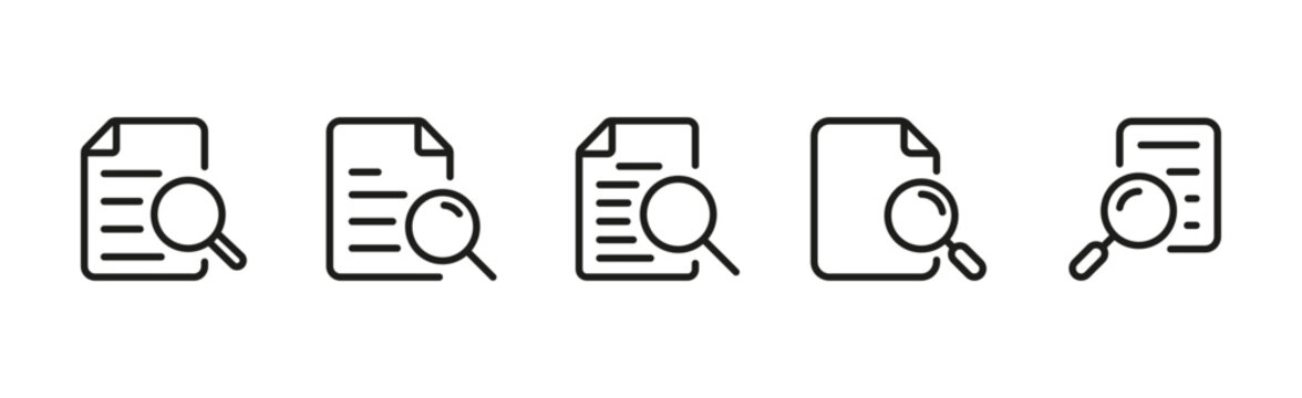 Document search file audit magnifying glass inspect linear icon collection design. Note, paper, data analysis, editable vector stroke icons