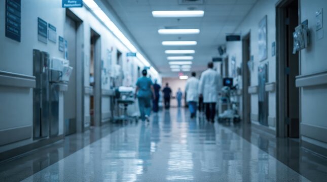 Blurred view of a hospital hallway with medical staff walking in the distance, creating a clinical and professional atmosphere in a healthcare facility world diabetes day