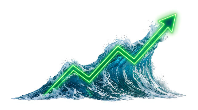 Green growth arrow rising on blue water wave, stock market upward surge concept, financial success and momentum illustration