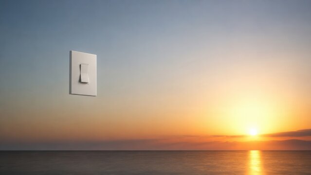 Floating light switch above ocean at sunrise symbolizing power energy control and new beginnings concept
