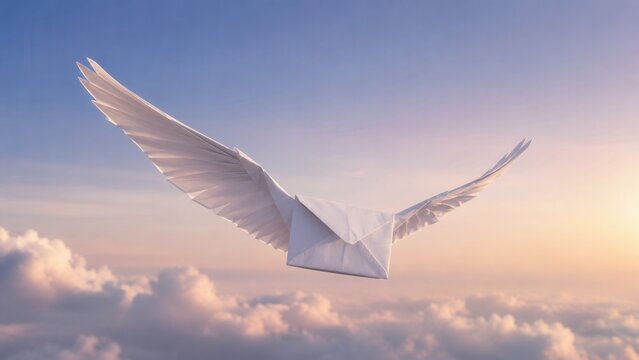 White paper envelope with angel wings flying above clouds at sunrise symbolizing hope freedom and message