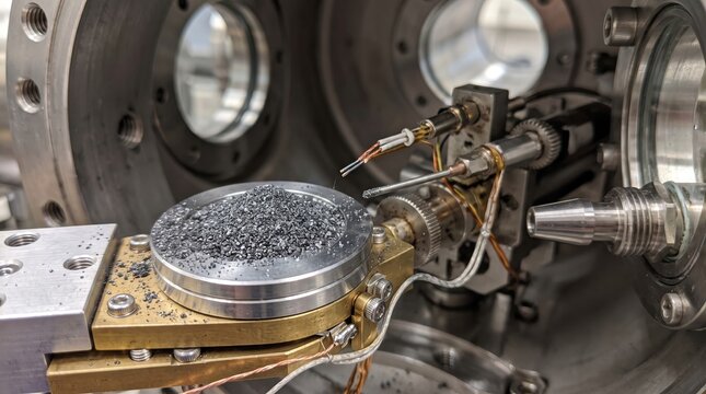 Sodium ion battery cathode particles close-up inside research laboratory equipment for energy storage development