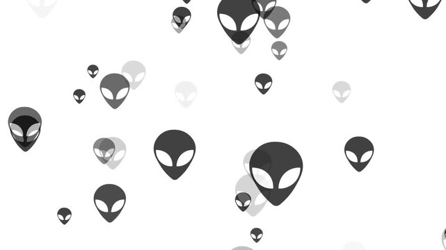 Animation of a collection of alien faces with a zoom effect&mdash;featuring elongated heads and large eyes&mdash;against a white background; motion graphics overlay, 4K video.