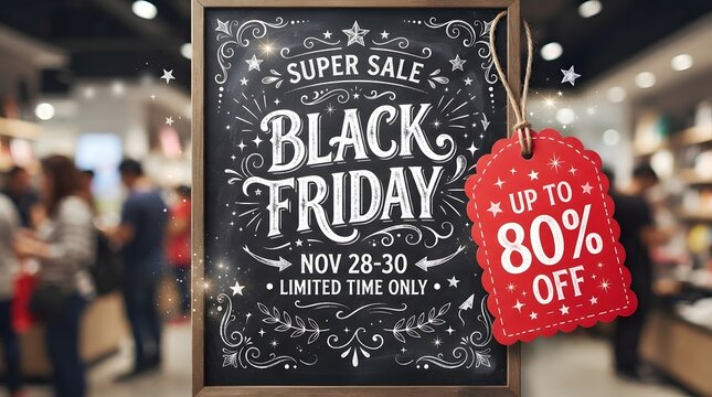 Black friday chalkboard sign in a retail store with handdrawn white chalk lettering and a red price tag showing up to 80 percent off