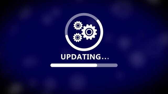 Updating progress bar with rotating gears animation on dark blue background, for software and, technology interface