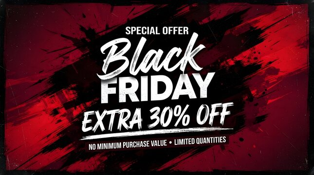 Black friday special offer banner with bold white text on a dark red and black grunge paint splatter background, featuring extra 30 percent off