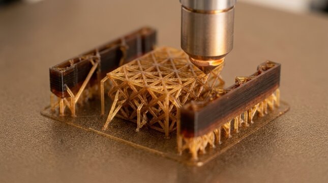 Additive manufacturing print head tracing lattice prototype on metal build plate with resin vat, support struts and layered cross section