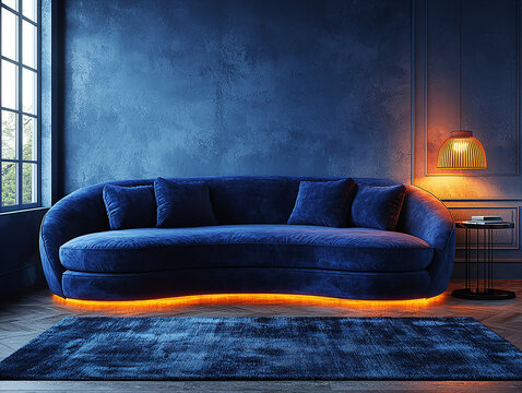 Luxurious deep blue velvet sofa with ambient orange underglow in a modern living room