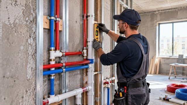 Construction worker checking level of installed plastic water pipe inside building structural concrete frame.