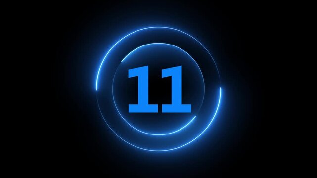 Neon blue countdown timer number 11 with glowing circular hud interface on black background, eleven