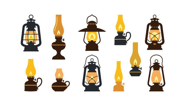 Vintage oil lamps and antique lanterns vector collection featuring classic glowing gas kerosene light fixtures for rustic decor graphics