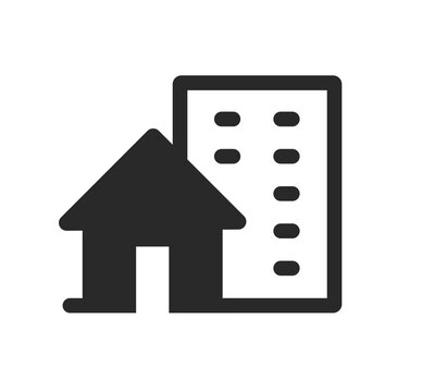 Home house as real estate property icon line stroke simple minimalist graphic, city apartment building pictogram, black white town offices silhouette for rent image clip art 

